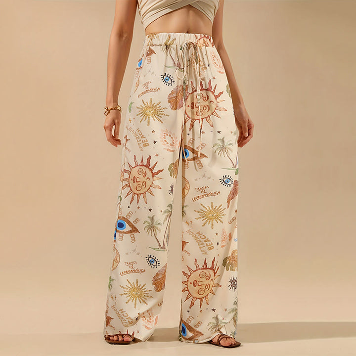 Pantaloni da donna Olivenorma Boho Sun Evil Eye Palm Tree Print con coulisse e gamba larga - Beige - XXXL - image 0