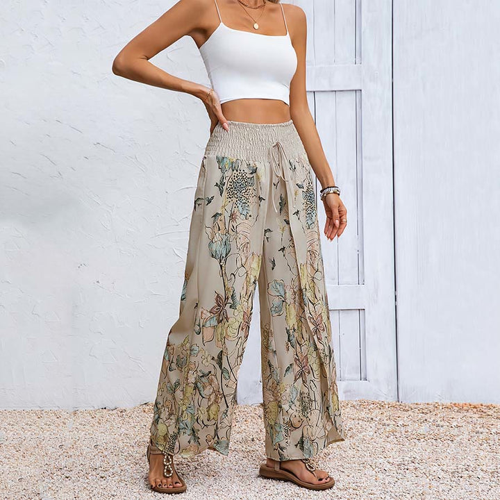 Pantaloni da donna Olivenorma con stampa floreale ad acquerello, vita arricciata, doppio spacco e gamba larga. - image 2