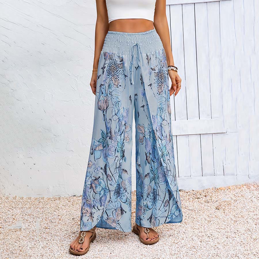 Pantaloni da donna Olivenorma con stampa floreale ad acquerello, vita arricciata, doppio spacco e gamba larga. - Blu - XXXL - image 5