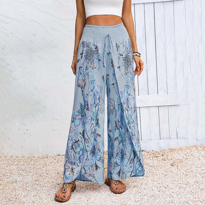 Pantaloni da donna Olivenorma con stampa floreale ad acquerello, vita arricciata, doppio spacco e gamba larga. - Blu - XXXL - image 5