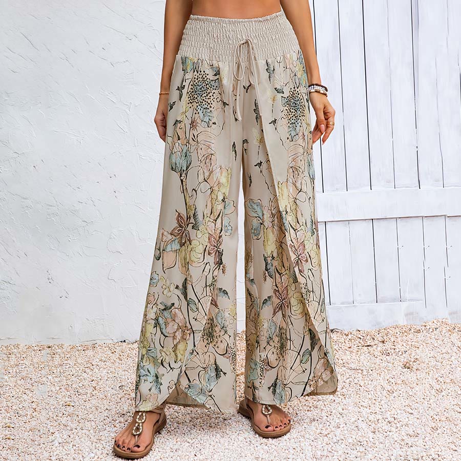 Pantaloni da donna Olivenorma con stampa floreale ad acquerello, vita arricciata, doppio spacco e gamba larga. - Cachi - XXXL - image 0