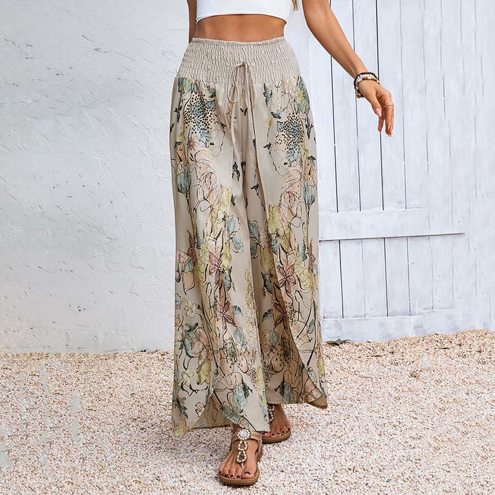 Pantaloni da donna Olivenorma con stampa floreale ad acquerello, vita arricciata, doppio spacco e gamba larga. - image 3