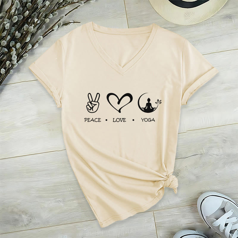 Maglietta da donna con scollo a V Olivenorma Boho Peace Love Yoga Peace Sign Heart Meditation Graphic - Cachi - 2XL - image 6