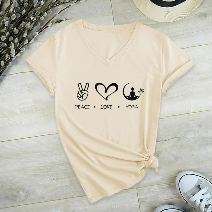 Maglietta da donna con scollo a V Olivenorma Boho Peace Love Yoga Peace Sign Heart Meditation Graphic - Cachi - 2XL - image 6