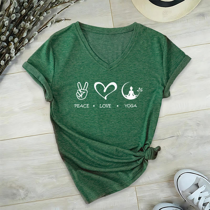 Maglietta da donna con scollo a V Olivenorma Boho Peace Love Yoga Peace Sign Heart Meditation Graphic - Verde scuro - 2XL - image 24