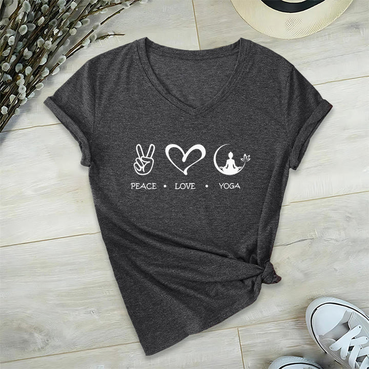 Maglietta da donna con scollo a V Olivenorma Boho Peace Love Yoga Peace Sign Heart Meditation Graphic - Grigio - 2XL - image 15