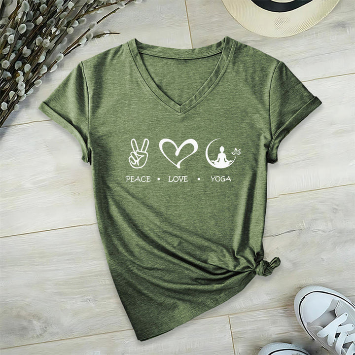 Maglietta da donna con scollo a V Olivenorma Boho Peace Love Yoga Peace Sign Heart Meditation Graphic - Verde oliva - 2XL - image 3