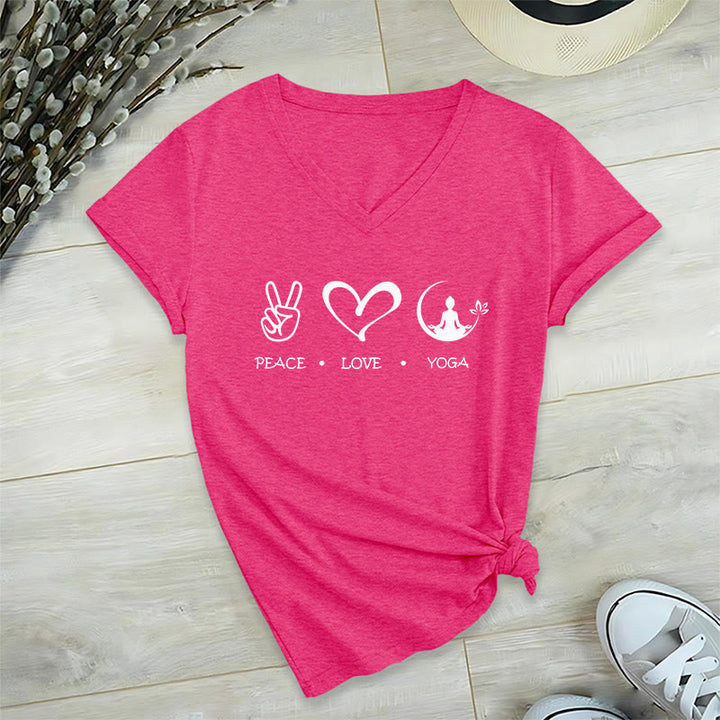 Maglietta da donna con scollo a V Olivenorma Boho Peace Love Yoga Peace Sign Heart Meditation Graphic - Rosso rosa - 2XL - image 33