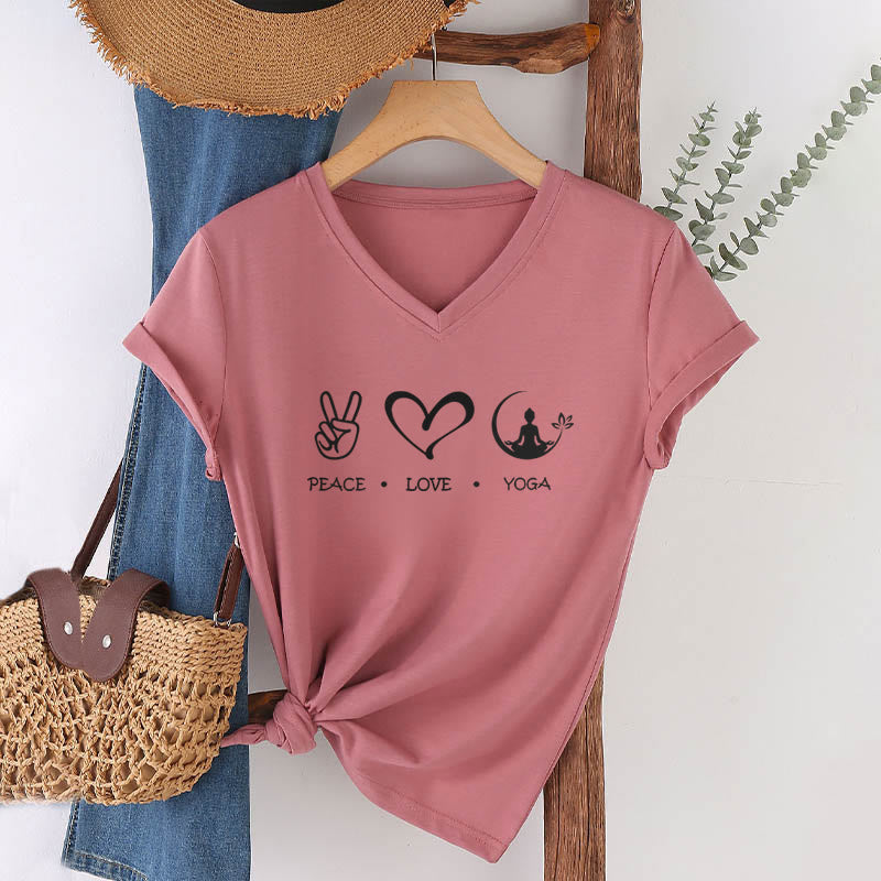 Maglietta da donna con scollo a V Olivenorma Boho Peace Love Yoga Peace Sign Heart Meditation Graphic - image 1