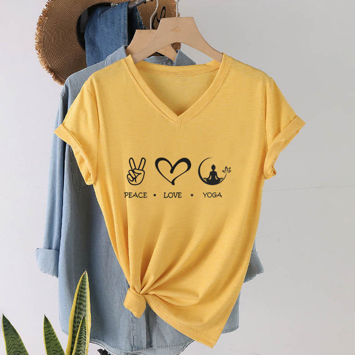 Maglietta da donna con scollo a V Olivenorma Boho Peace Love Yoga Peace Sign Heart Meditation Graphic - image 31