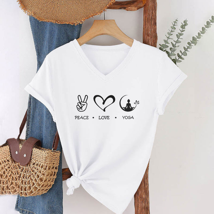 Maglietta da donna con scollo a V Olivenorma Boho Peace Love Yoga Peace Sign Heart Meditation Graphic - image 19