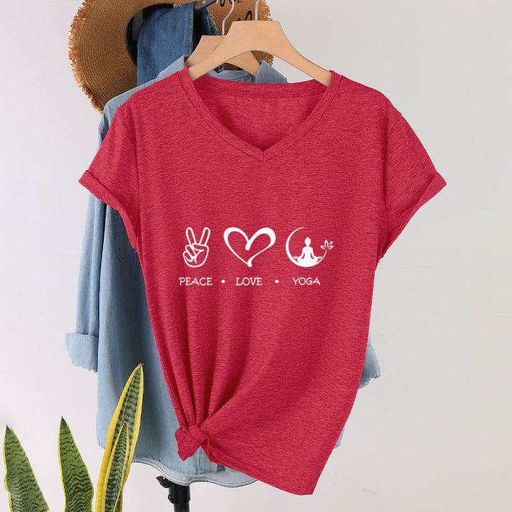 Maglietta da donna con scollo a V Olivenorma Boho Peace Love Yoga Peace Sign Heart Meditation Graphic - image 28