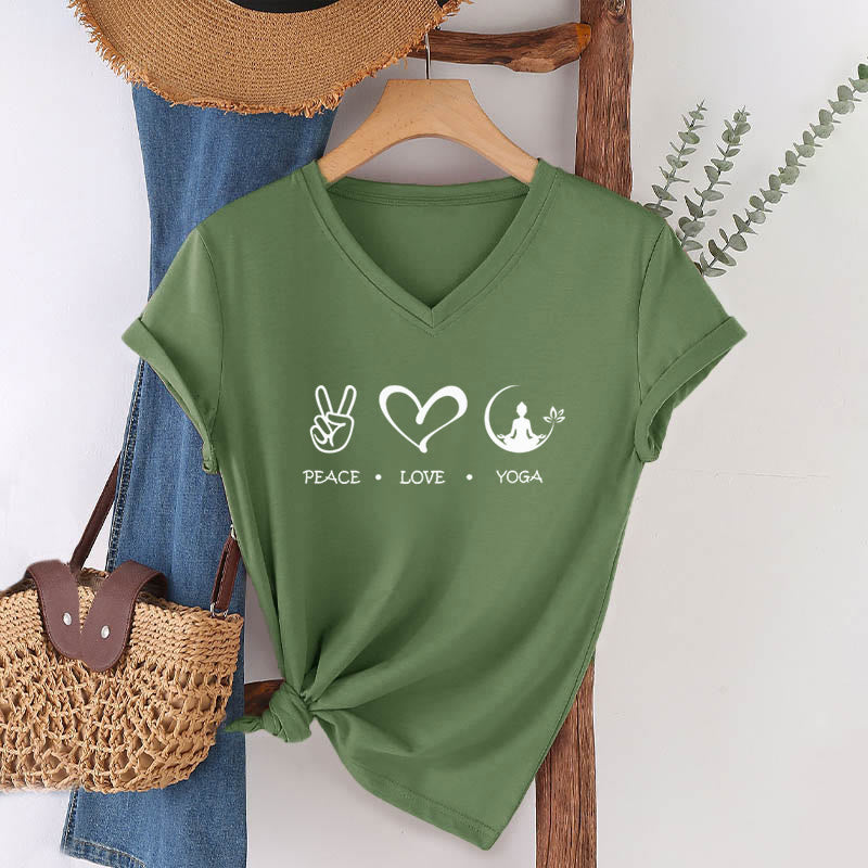 Maglietta da donna con scollo a V Olivenorma Boho Peace Love Yoga Peace Sign Heart Meditation Graphic - image 4