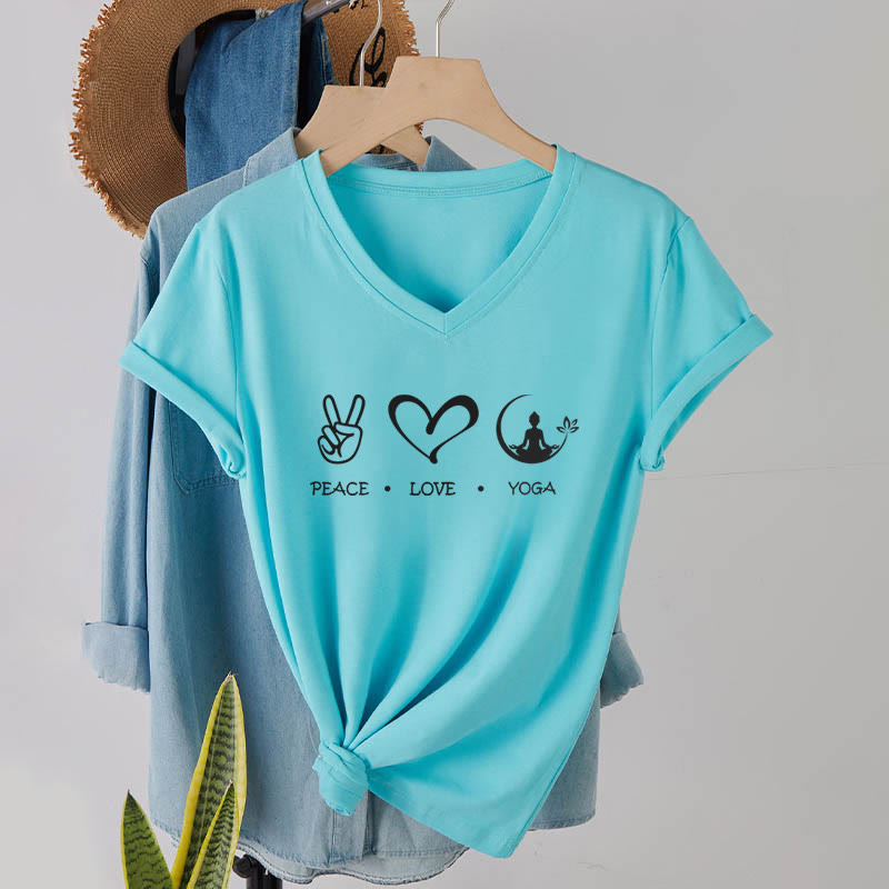 Maglietta da donna con scollo a V Olivenorma Boho Peace Love Yoga Peace Sign Heart Meditation Graphic - image 10
