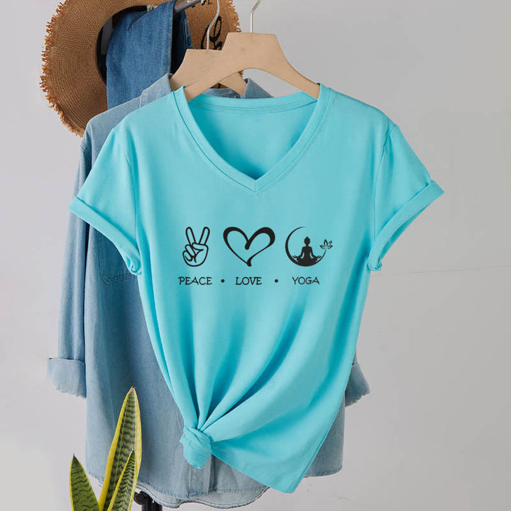 Maglietta da donna con scollo a V Olivenorma Boho Peace Love Yoga Peace Sign Heart Meditation Graphic - image 10