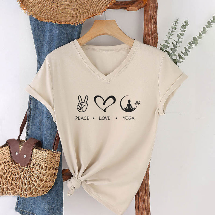Maglietta da donna con scollo a V Olivenorma Boho Peace Love Yoga Peace Sign Heart Meditation Graphic - image 7