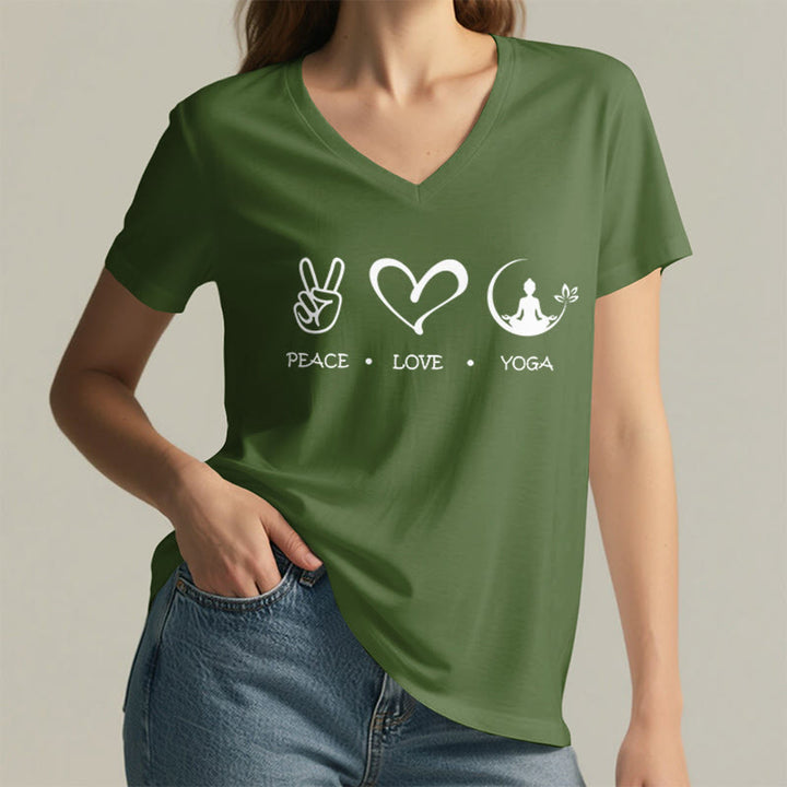 Maglietta da donna con scollo a V Olivenorma Boho Peace Love Yoga Peace Sign Heart Meditation Graphic - image 5