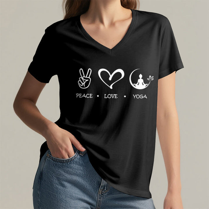 Maglietta da donna con scollo a V Olivenorma Boho Peace Love Yoga Peace Sign Heart Meditation Graphic - image 14