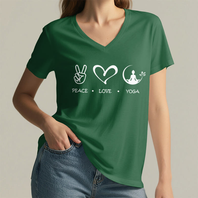 Maglietta da donna con scollo a V Olivenorma Boho Peace Love Yoga Peace Sign Heart Meditation Graphic - image 26
