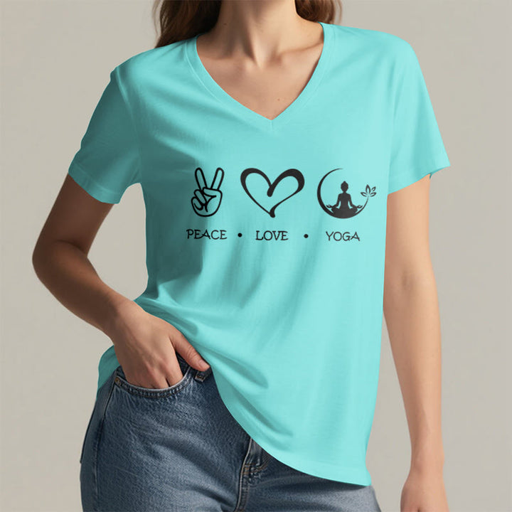 Maglietta da donna con scollo a V Olivenorma Boho Peace Love Yoga Peace Sign Heart Meditation Graphic - image 11