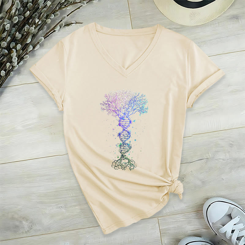 T-shirt da donna con scollo a V Olivenorma Boho con stampa artistica "DNA Tree Life". - Cachi - 2XL - image 9