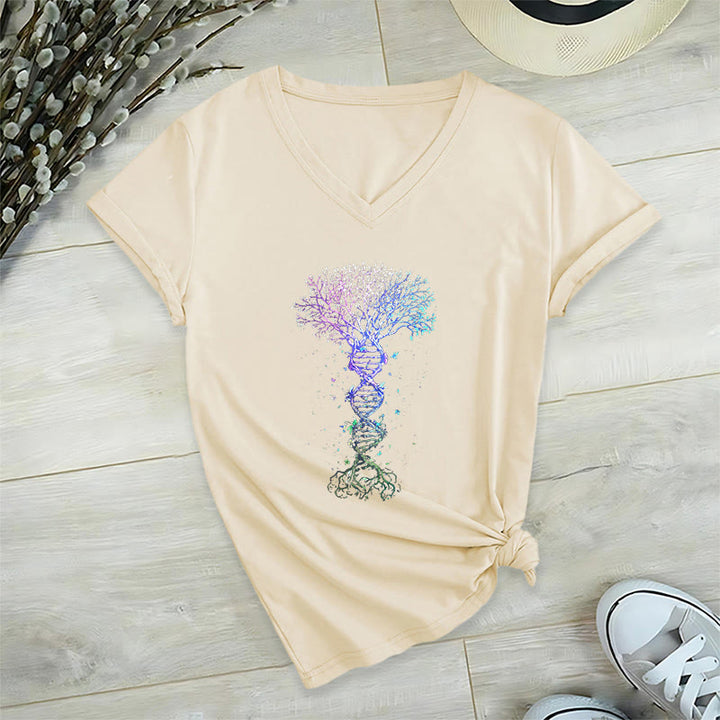 T-shirt da donna con scollo a V Olivenorma Boho con stampa artistica "DNA Tree Life". - Cachi - 2XL - image 9