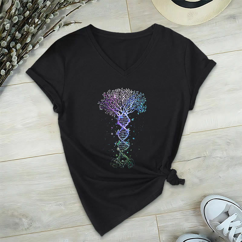 T-shirt da donna con scollo a V Olivenorma Boho con stampa artistica "DNA Tree Life". - Nero - 2XL - image 0