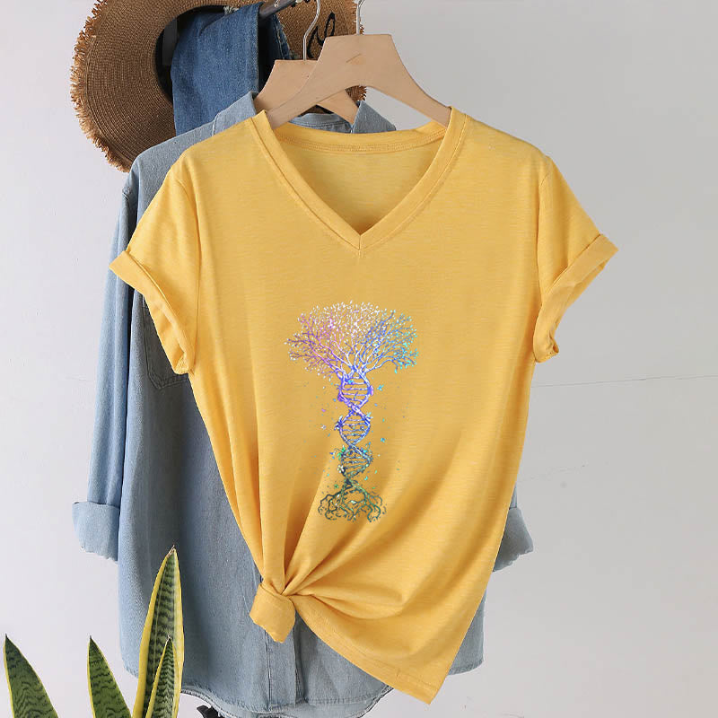 T-shirt da donna con scollo a V Olivenorma Boho con stampa artistica "DNA Tree Life". - image 31