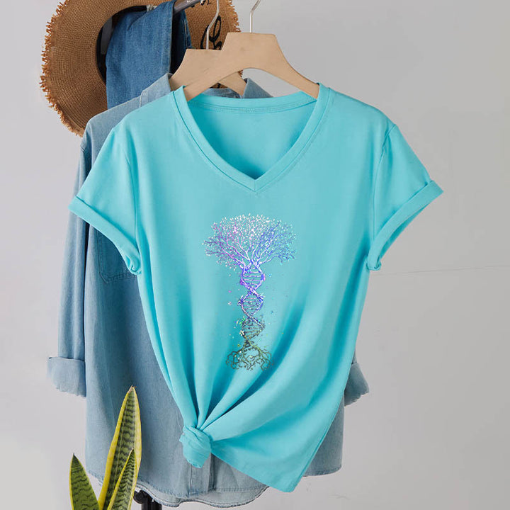 T-shirt da donna con scollo a V Olivenorma Boho con stampa artistica "DNA Tree Life". - image 13