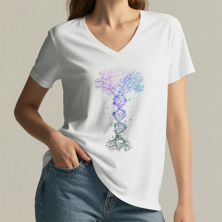 T-shirt da donna con scollo a V Olivenorma Boho con stampa artistica "DNA Tree Life". - image 20
