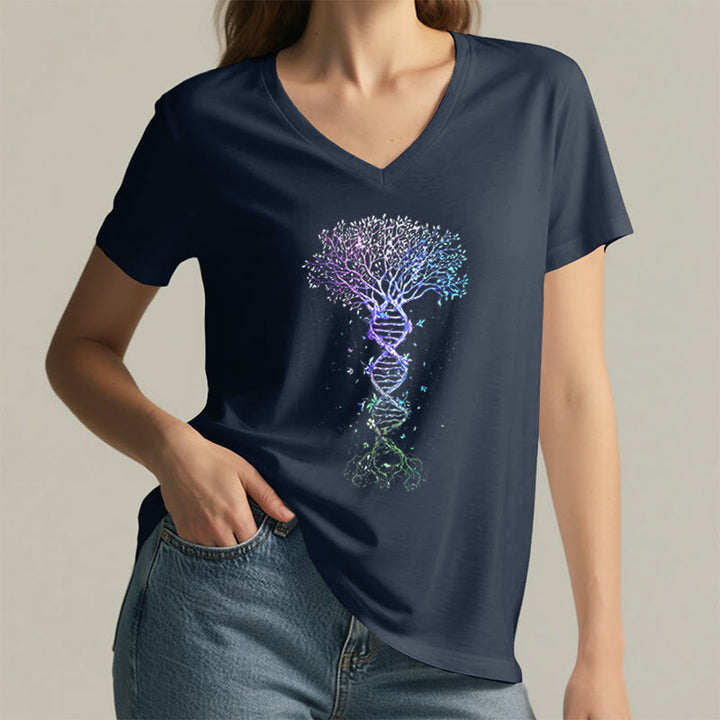 T-shirt da donna con scollo a V Olivenorma Boho con stampa artistica "DNA Tree Life". - image 23