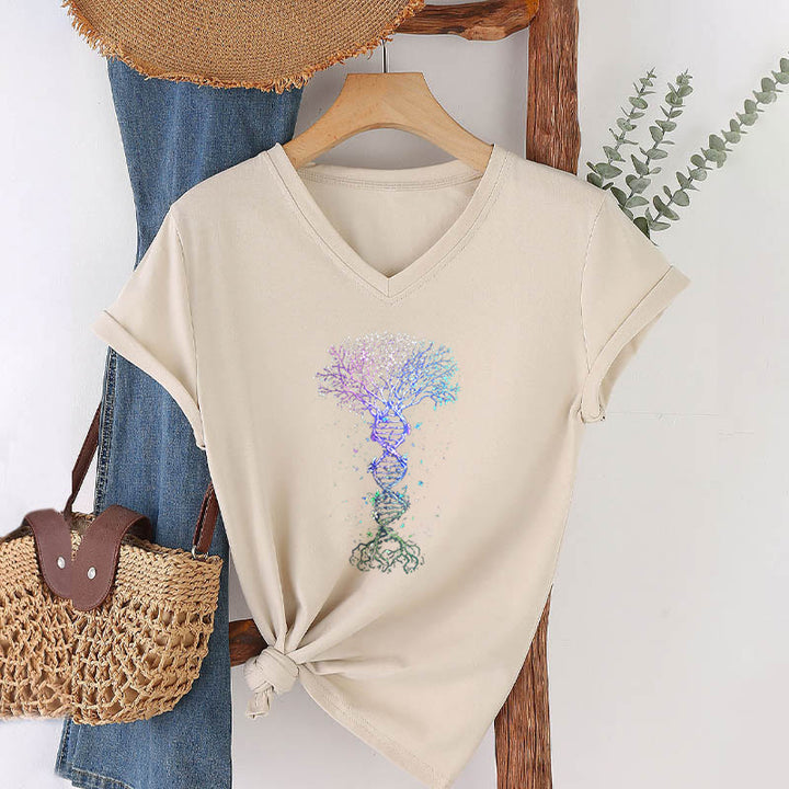 T-shirt da donna con scollo a V Olivenorma Boho con stampa artistica "DNA Tree Life". - image 10