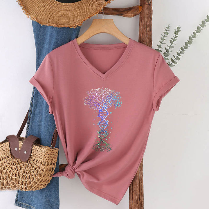 T-shirt da donna con scollo a V Olivenorma Boho con stampa artistica "DNA Tree Life". - image 4