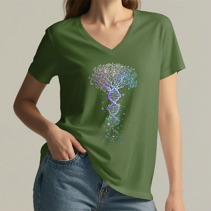 T-shirt da donna con scollo a V Olivenorma Boho con stampa artistica "DNA Tree Life". - image 8