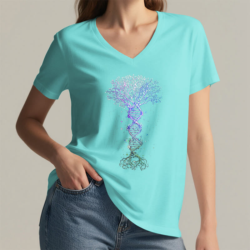 T-shirt da donna con scollo a V Olivenorma Boho con stampa artistica "DNA Tree Life". - image 14