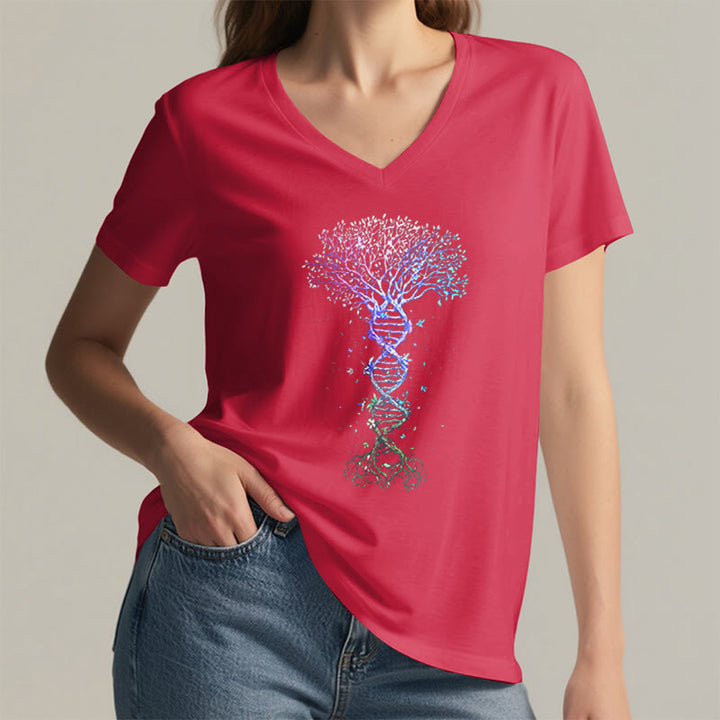 T-shirt da donna con scollo a V Olivenorma Boho con stampa artistica "DNA Tree Life". - image 29