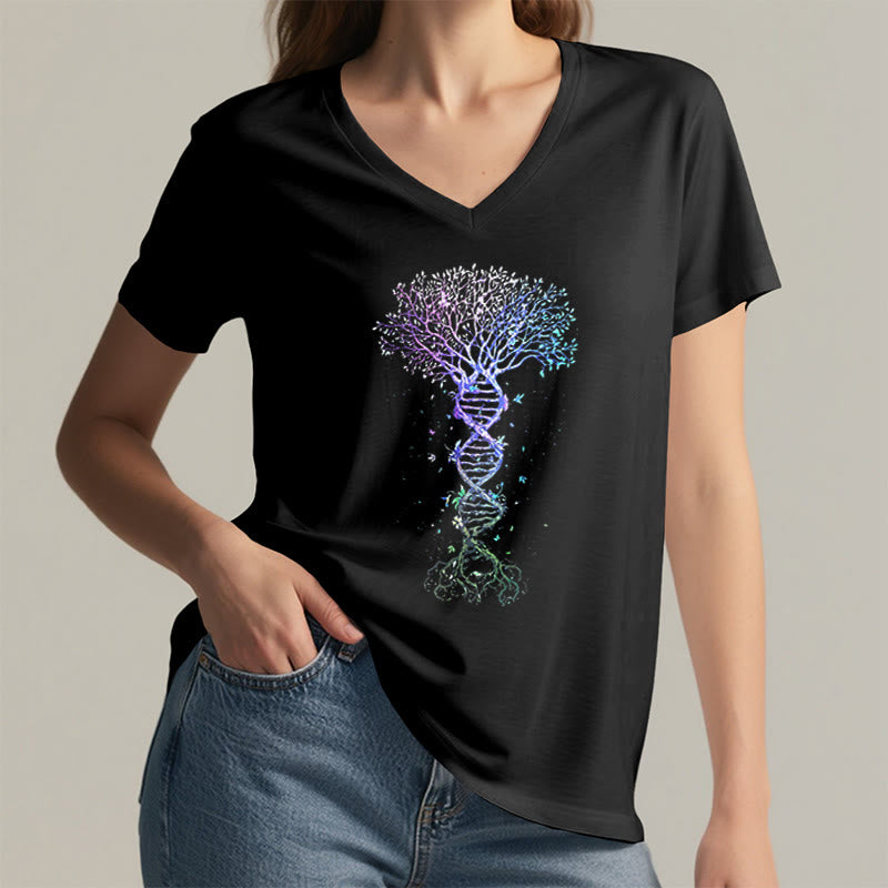 T-shirt da donna con scollo a V Olivenorma Boho con stampa artistica "DNA Tree Life". - image 2
