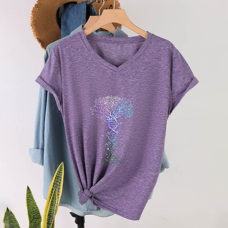 T-shirt da donna con scollo a V Olivenorma Boho con stampa artistica "DNA Tree Life". - image 37