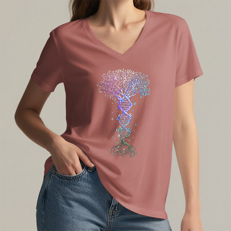 T-shirt da donna con scollo a V Olivenorma Boho con stampa artistica "DNA Tree Life". - image 5