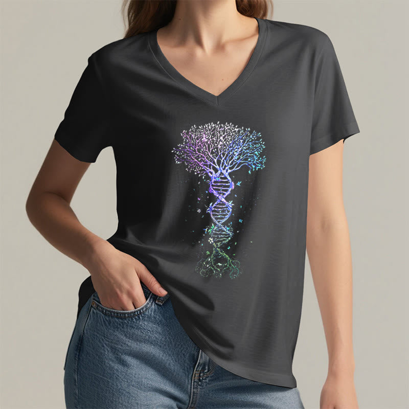 T-shirt da donna con scollo a V Olivenorma Boho con stampa artistica "DNA Tree Life". - image 17