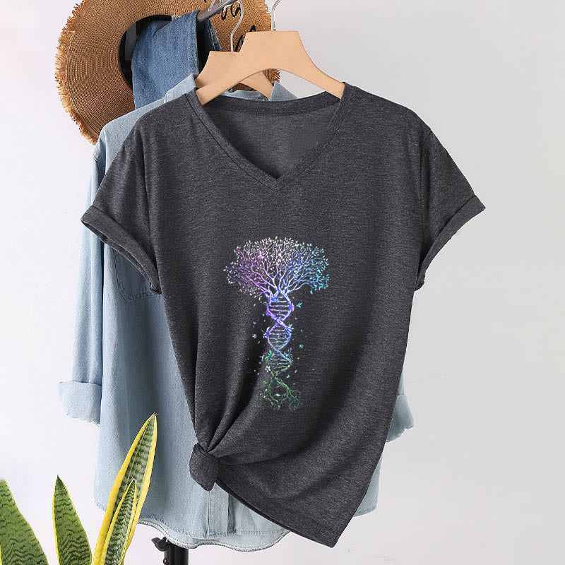 T-shirt da donna con scollo a V Olivenorma Boho con stampa artistica "DNA Tree Life". - image 16