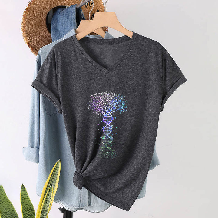 T-shirt da donna con scollo a V Olivenorma Boho con stampa artistica "DNA Tree Life". - image 16