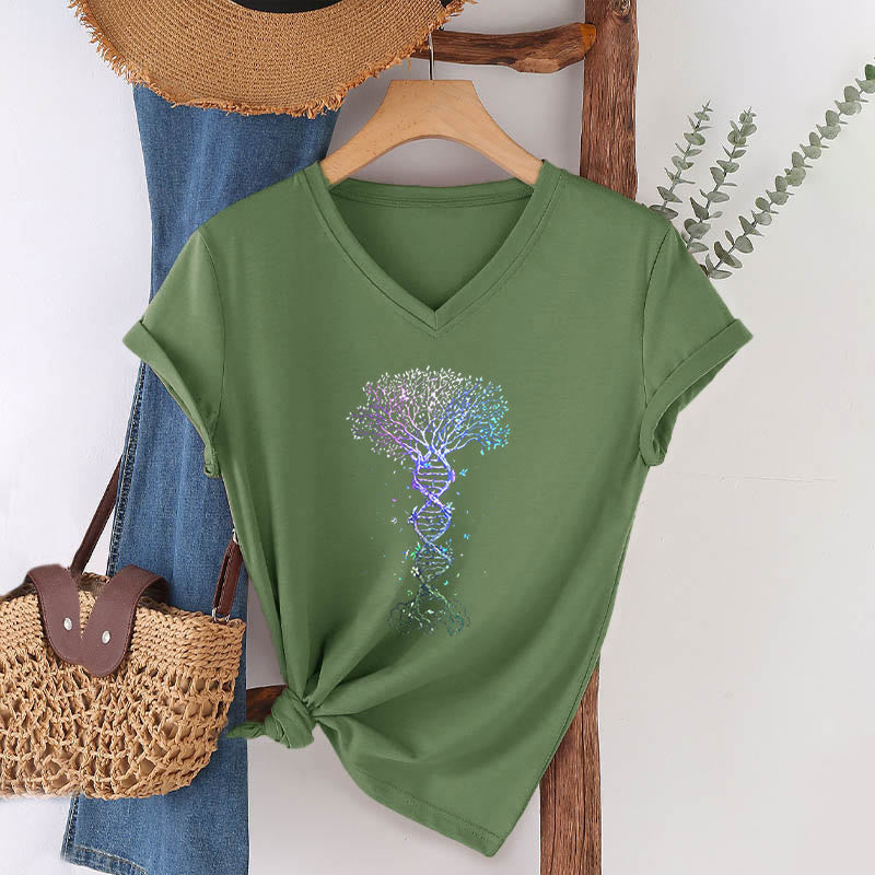 T-shirt da donna con scollo a V Olivenorma Boho con stampa artistica "DNA Tree Life". - image 7