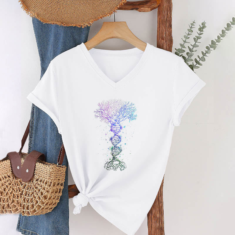 T-shirt da donna con scollo a V Olivenorma Boho con stampa artistica "DNA Tree Life". - image 19