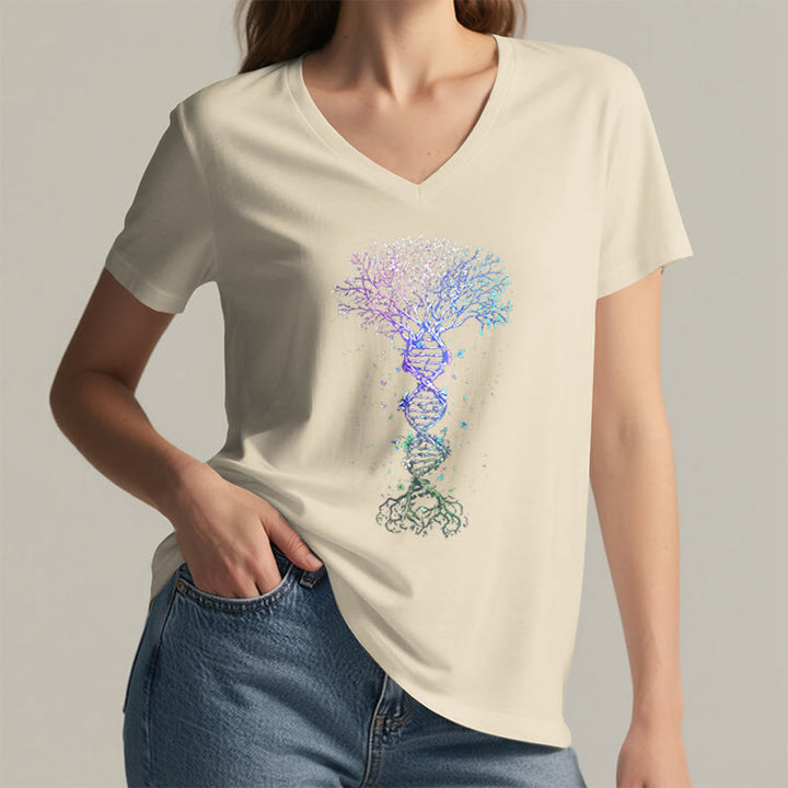 T-shirt da donna con scollo a V Olivenorma Boho con stampa artistica "DNA Tree Life". - image 11