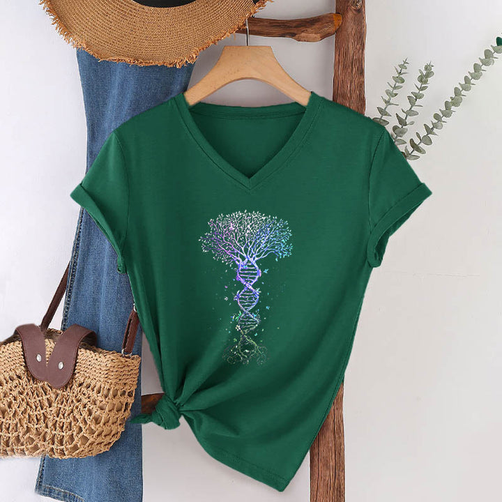 T-shirt da donna con scollo a V Olivenorma Boho con stampa artistica "DNA Tree Life". - image 25