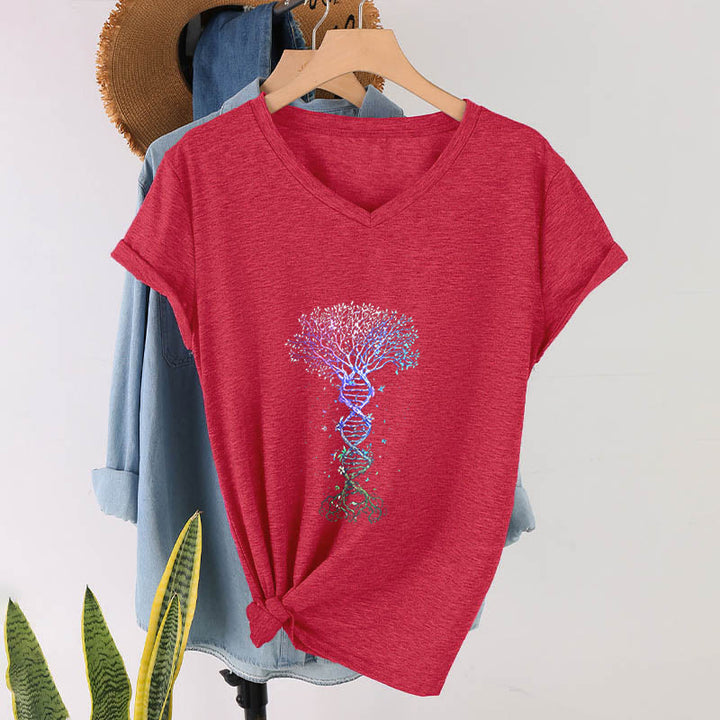 T-shirt da donna con scollo a V Olivenorma Boho con stampa artistica "DNA Tree Life". - image 28