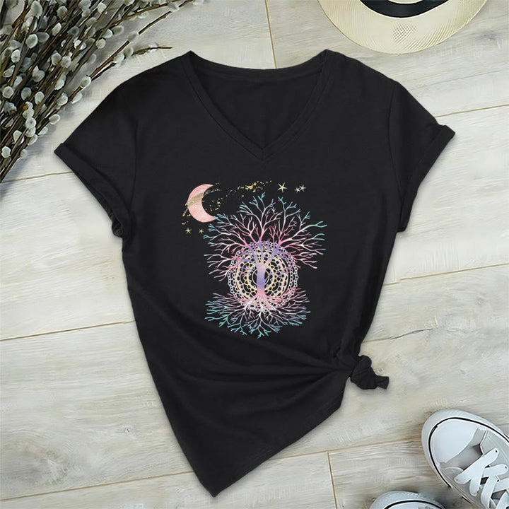 T-shirt da donna con scollo a V Olivenorma Boho con stampa luna crescente, stella, galassia e albero della vita. - Nero - 2XL - image 15