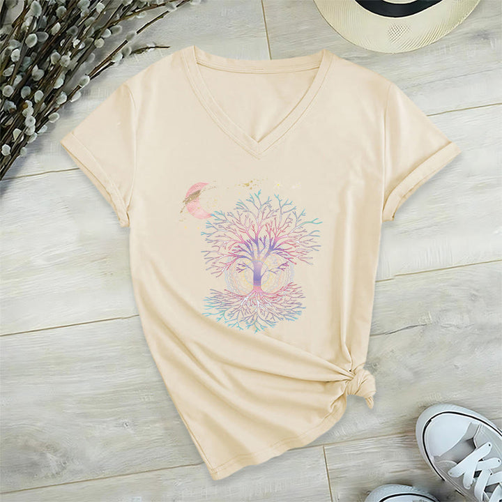 T-shirt da donna con scollo a V Olivenorma Boho con stampa luna crescente, stella, galassia e albero della vita. - Cachi - 2XL - image 6