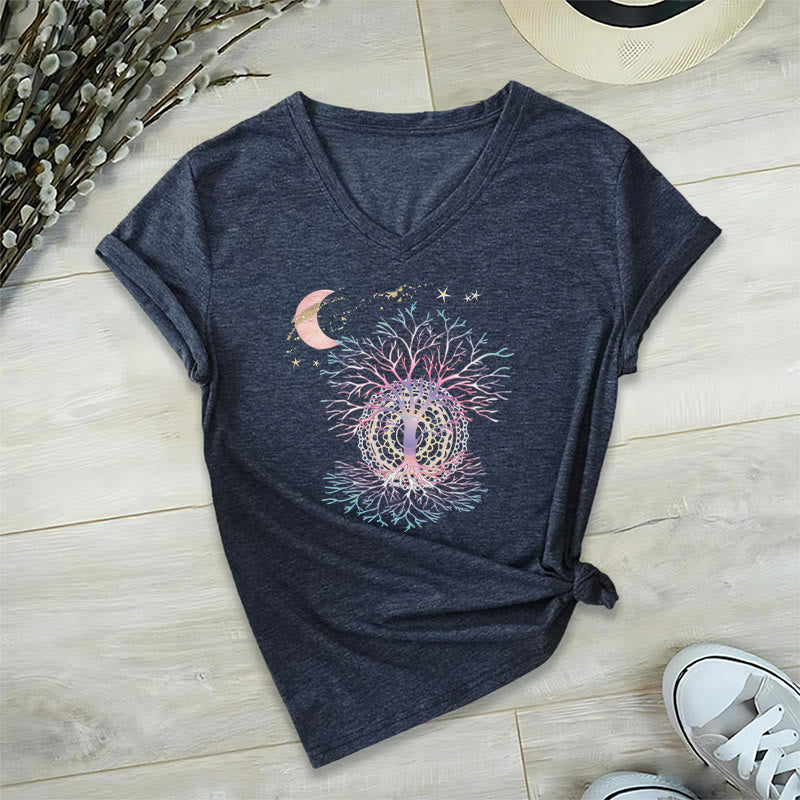 T-shirt da donna con scollo a V Olivenorma Boho con stampa luna crescente, stella, galassia e albero della vita. - Blu navy - 2XL - image 21